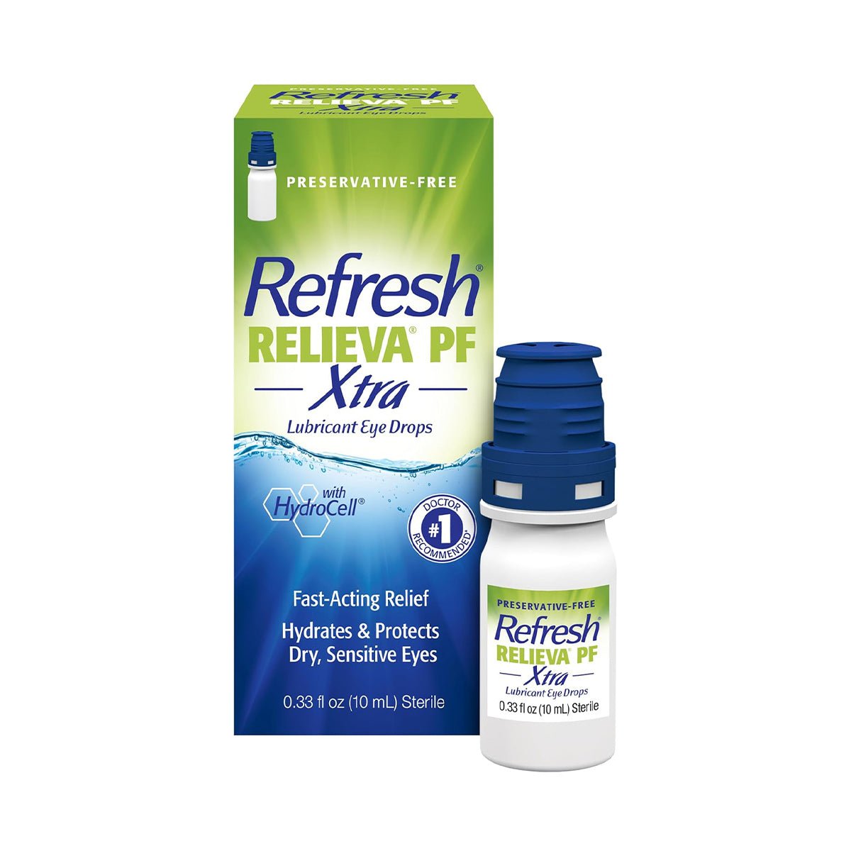 Image of Abbvies Refresh Relieva PF Xtra eye drops box and bottle, featuring its preservative-free formula with trehalose for advanced hydration, designed for dry, sensitive eyes. The green box with blue accents and white bottle with a blue cap highlight its benefits.