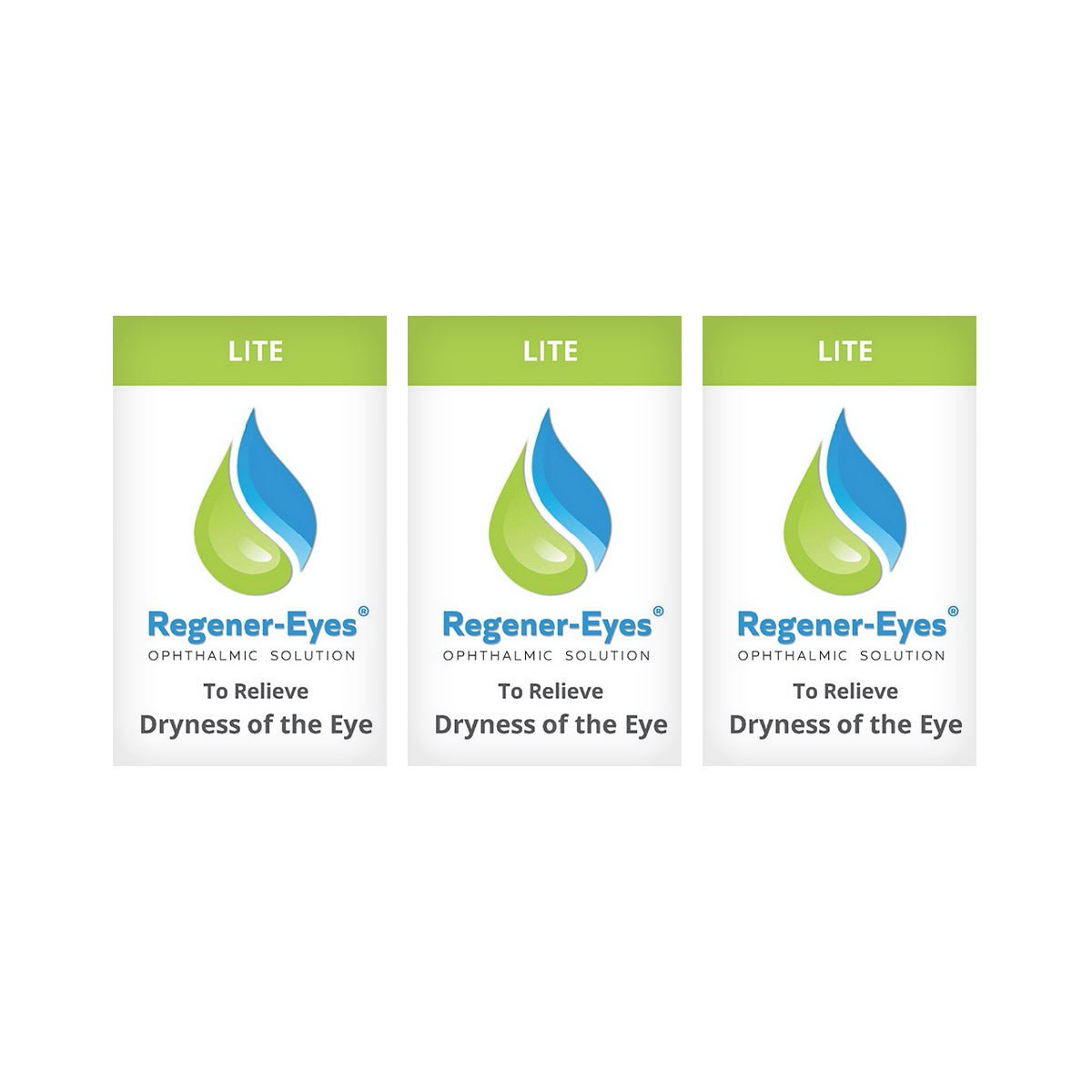 Three boxes of Regener-Eyes Lite 3-Pack Eye Drops (3 x 3mL bottles, 2-month supply) with a green and blue teardrop logo, promising To Relieve Dryness of the Eye.