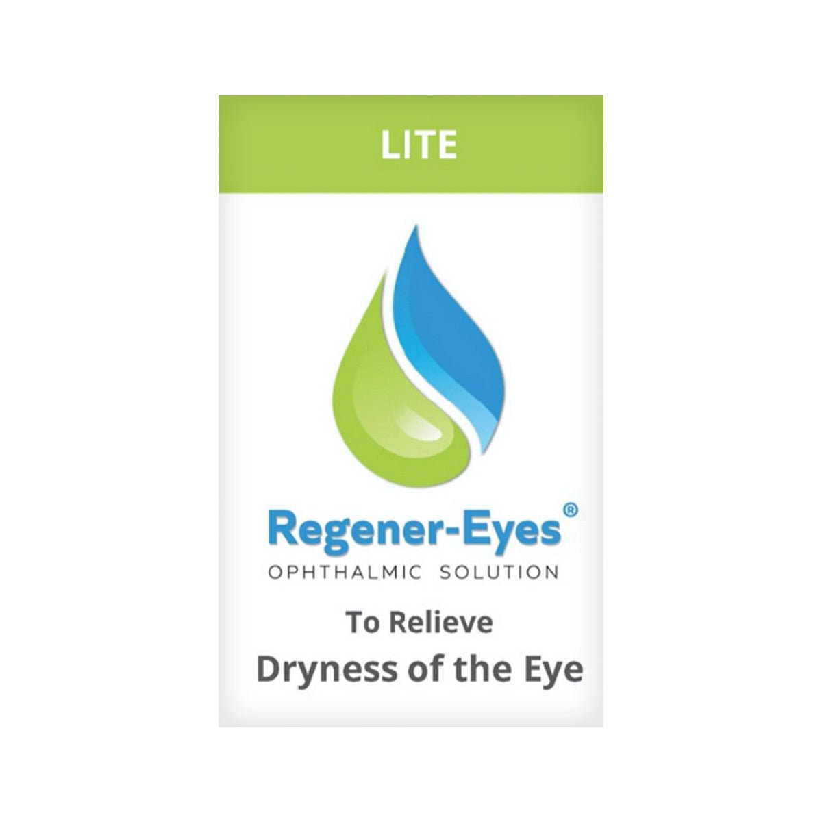 The Regener-Eyes Lite Eye Drops (3mL Bottle, 3-4 Week Supply) features a green and blue droplet logo and promises eye dryness relief, ensuring comfort with every use.