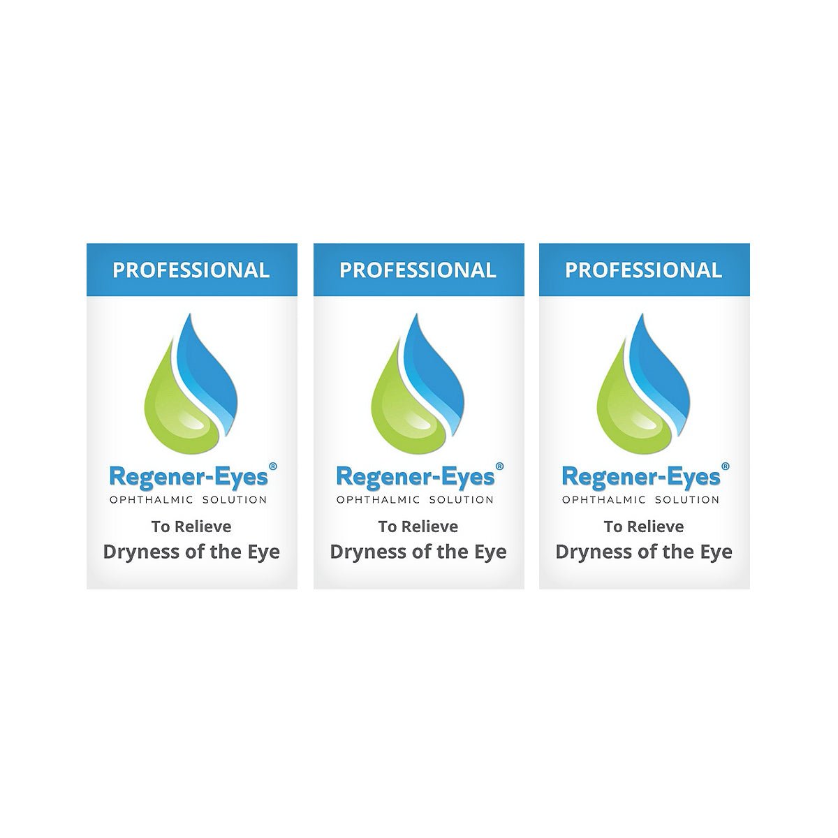 Three Regener-eyes PRO 3-Pack Eye Drops (3 x 3mL bottles, a 2-3 month supply) are displayed side by side. Each box shows a green and blue droplet logo with the text To Relieve Dryness of the Eye, making them an ideal Dry Eye Rescue solution.