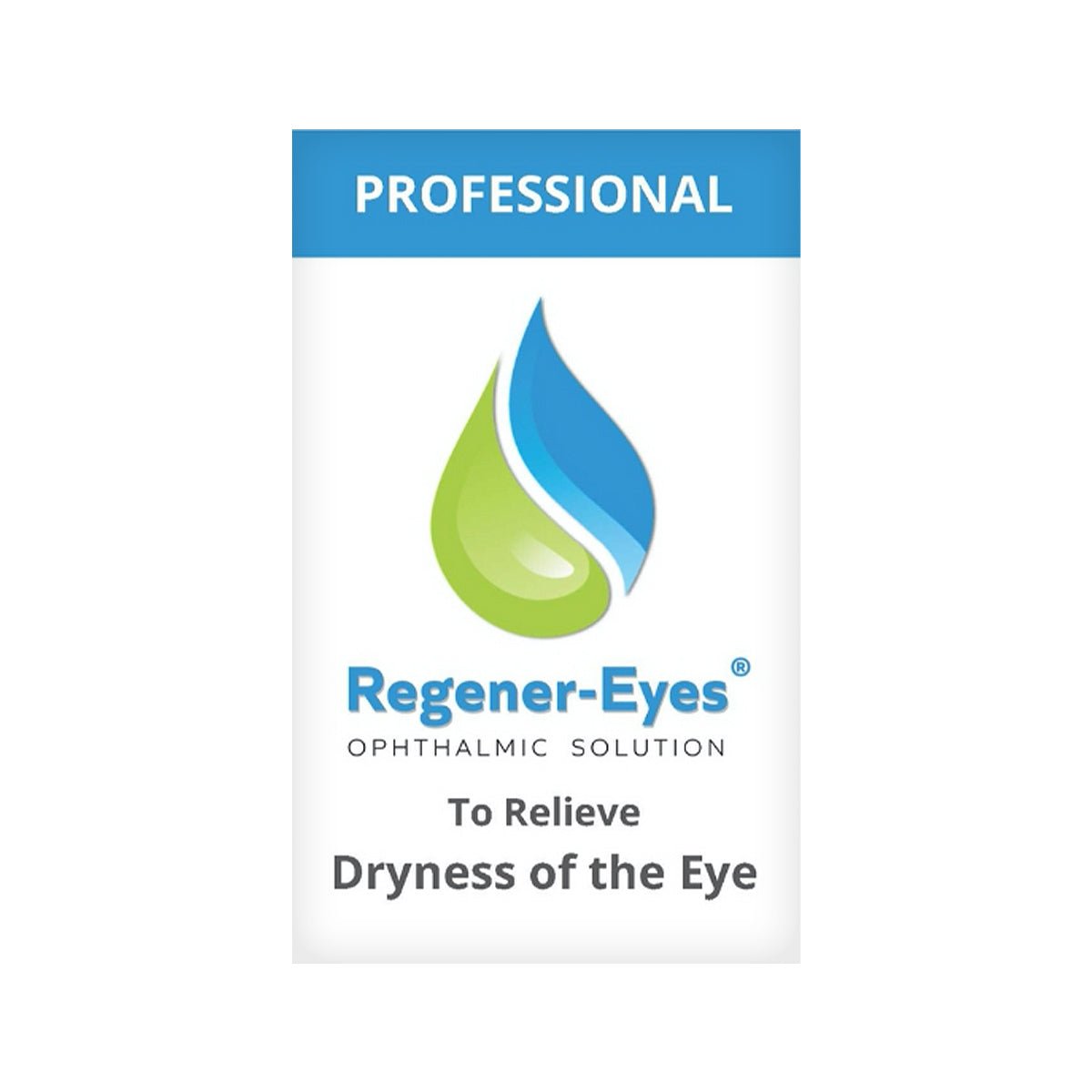 The packaging for Regener-eyes PRO Eye Drops (3mL Bottle, 3-4 Week Supply) features a green and blue drop logo with the brand name Regener-Eyes and claims to relieve eye dryness.