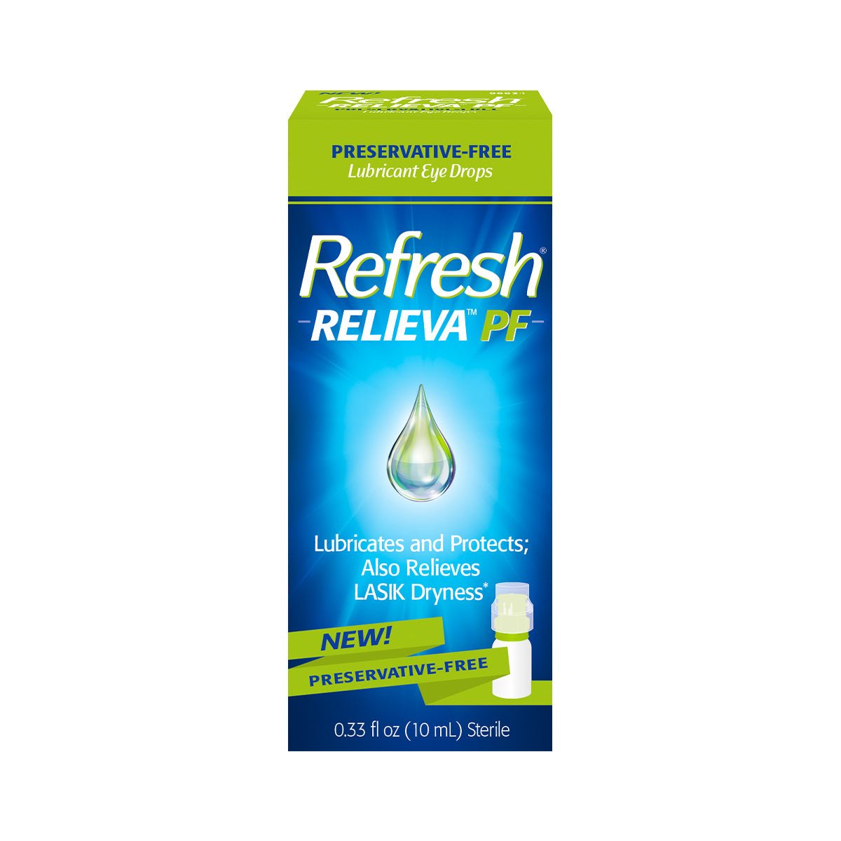 Image of a box for Abbvies Refresh Relieva Preservative-Free Lubricant Eye Drops (10mL Multi-Dose Bottle) designed for dry eyes, featuring a droplet graphic. Highlights include preservative-free formula, lubrication, protection, and relief from LASIK dryness. Contains 0.33 fl oz sterile drops.