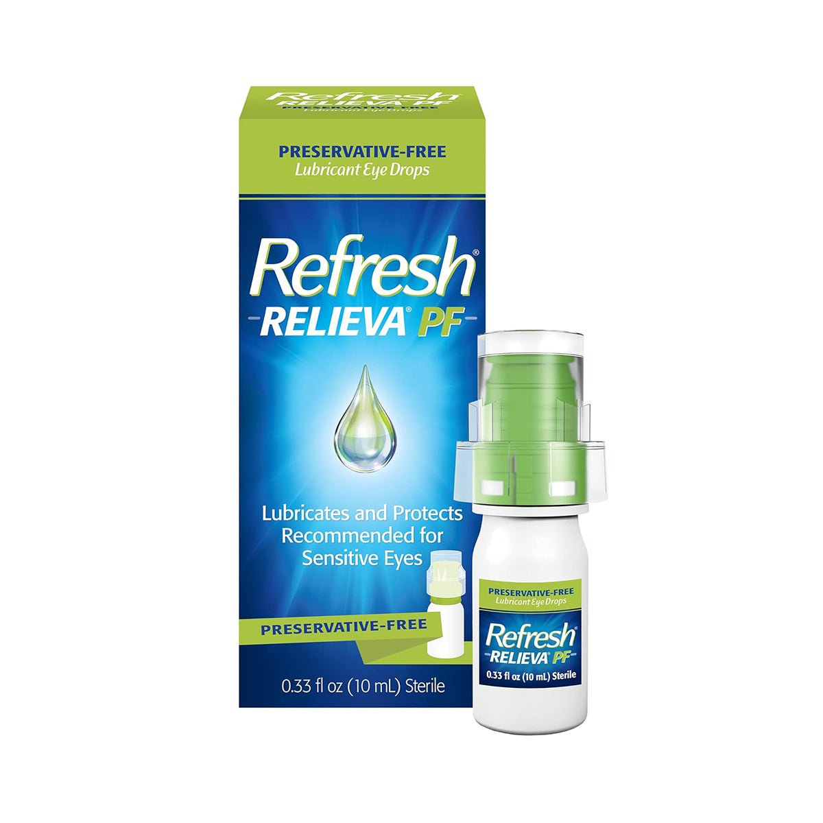 The Abbvie Refresh Relieva Preservative-Free Lubricant Eye Drops come in a 10mL white bottle with a green cap. Its vibrant green and blue box highlights Preservative-Free and Lubricates and Protects for Sensitive Eyes, making it soothing for dry eyes.