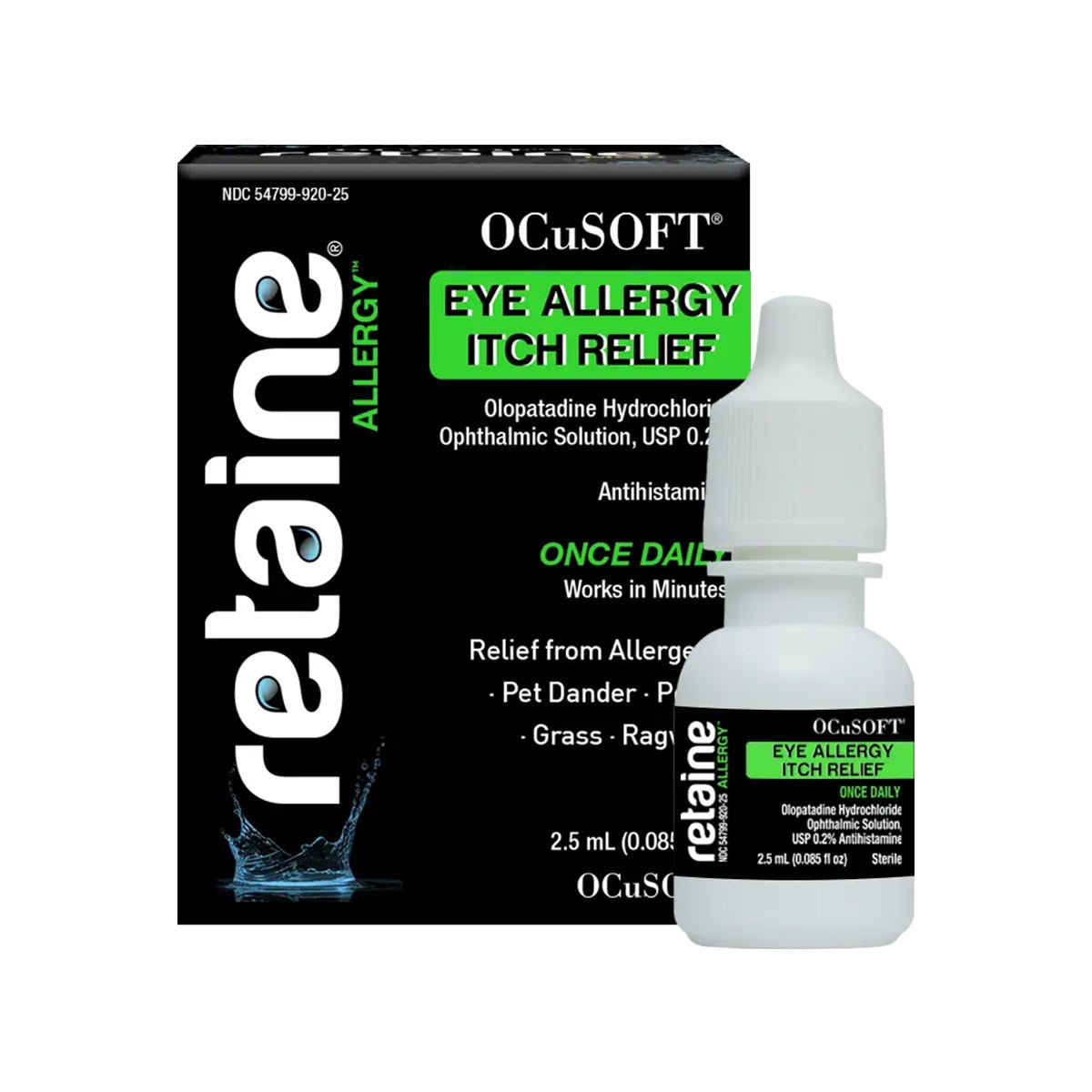 Image of a box and bottle of Ocusoft Retaine Allergy Once Daily for Eye Itch Relief (2.5mL) by OCuSOFT, featuring antihistamine drops effective against allergens like pet dander and pollen. The small white bottle has a pointed cap, perfect for ophthalmic solutions.