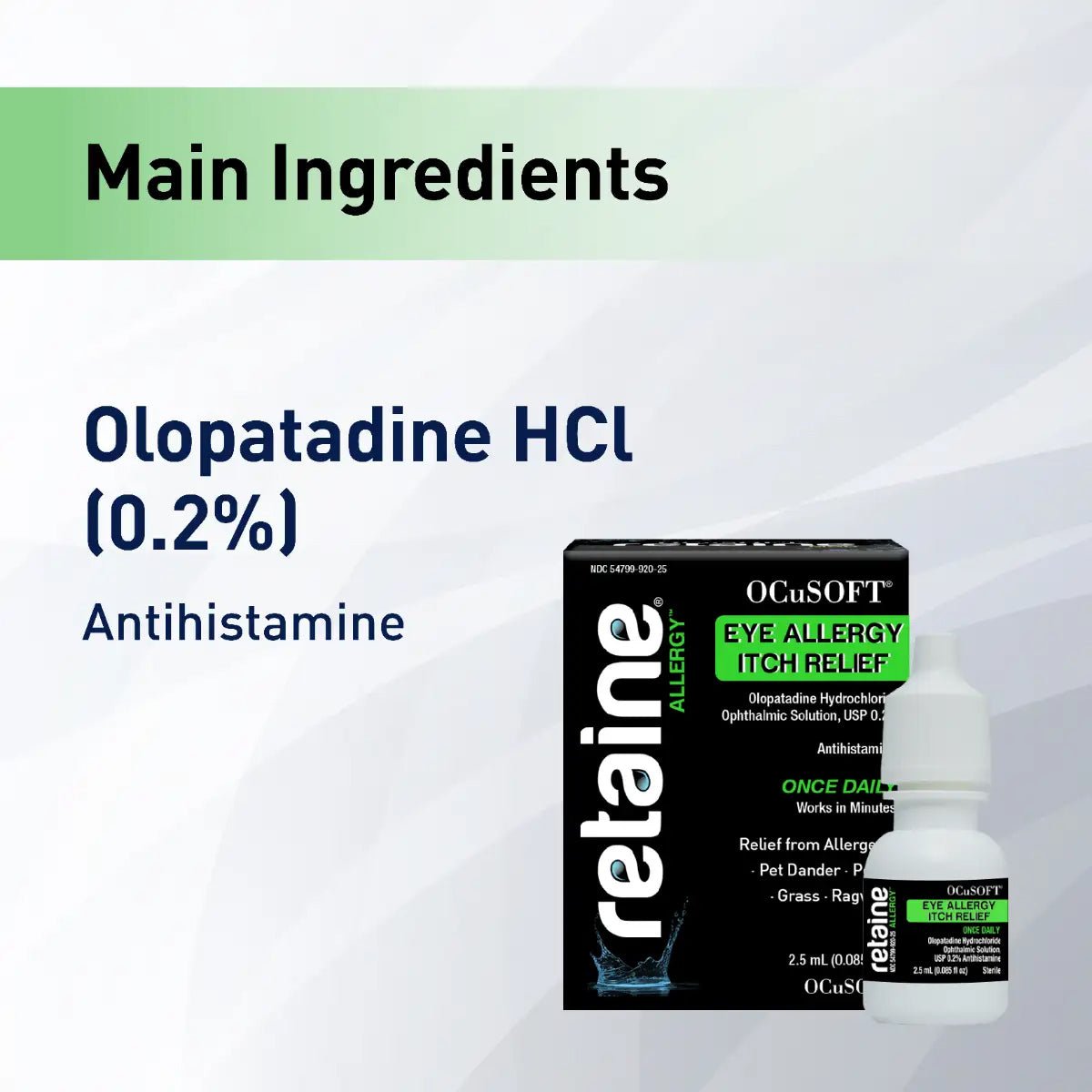 Image of Ocusoft Retaine Allergy Once Daily for Eye Itch Relief (2.5mL) by OCuSOFT. The elegant black packaging and compact bottle stress its antihistamine properties with Olopatadine HCl (0.2%) for allergy eye itch relief, highlighting main ingredients.