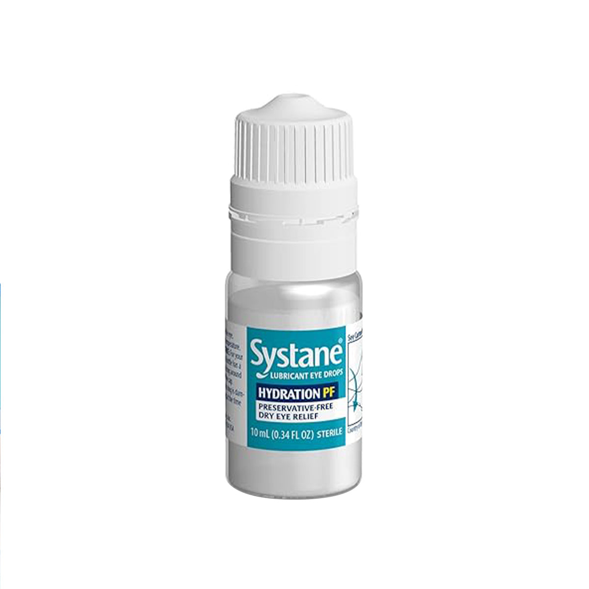 The Alcon Systane Hydration PF Lubricant Eye Drops come in a small 10 ml bottle with a white cap. Featuring sodium hyaluronate, these preservative-free drops offer enhanced relief and soothing for dry eyes.