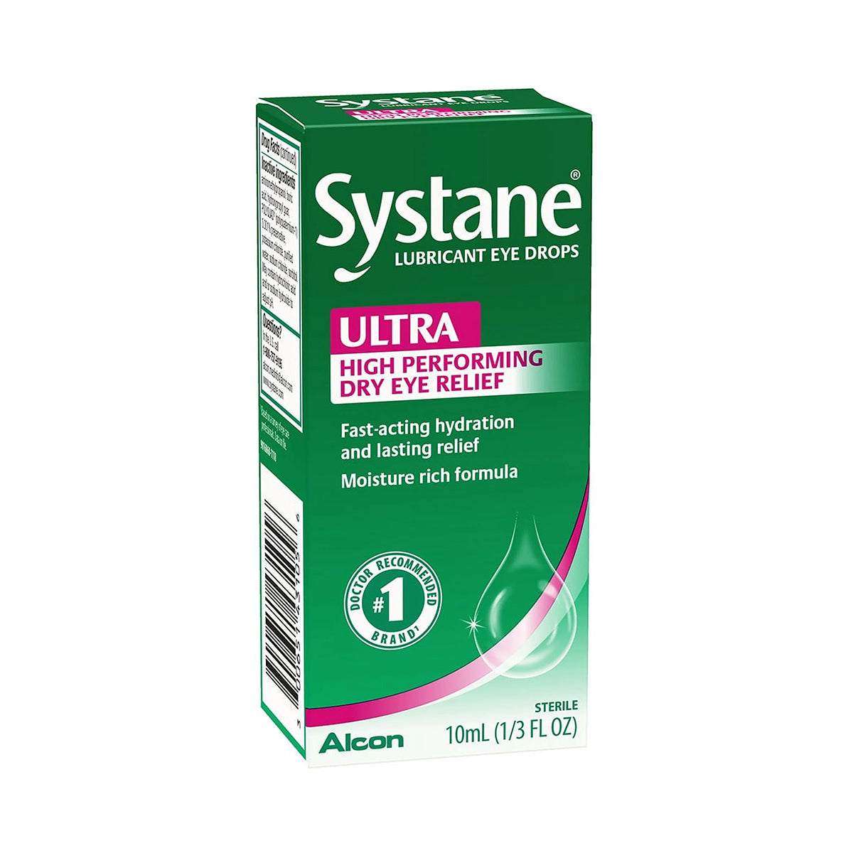 A green box presents Alcons Systane Ultra High Performance Lubricant Eye Drops, 10mL, offering rapid hydration and effective relief for dry eyes. The #1 Doctor Recommended Brand seal on the lower left highlights Systanes superior hydrating benefits.