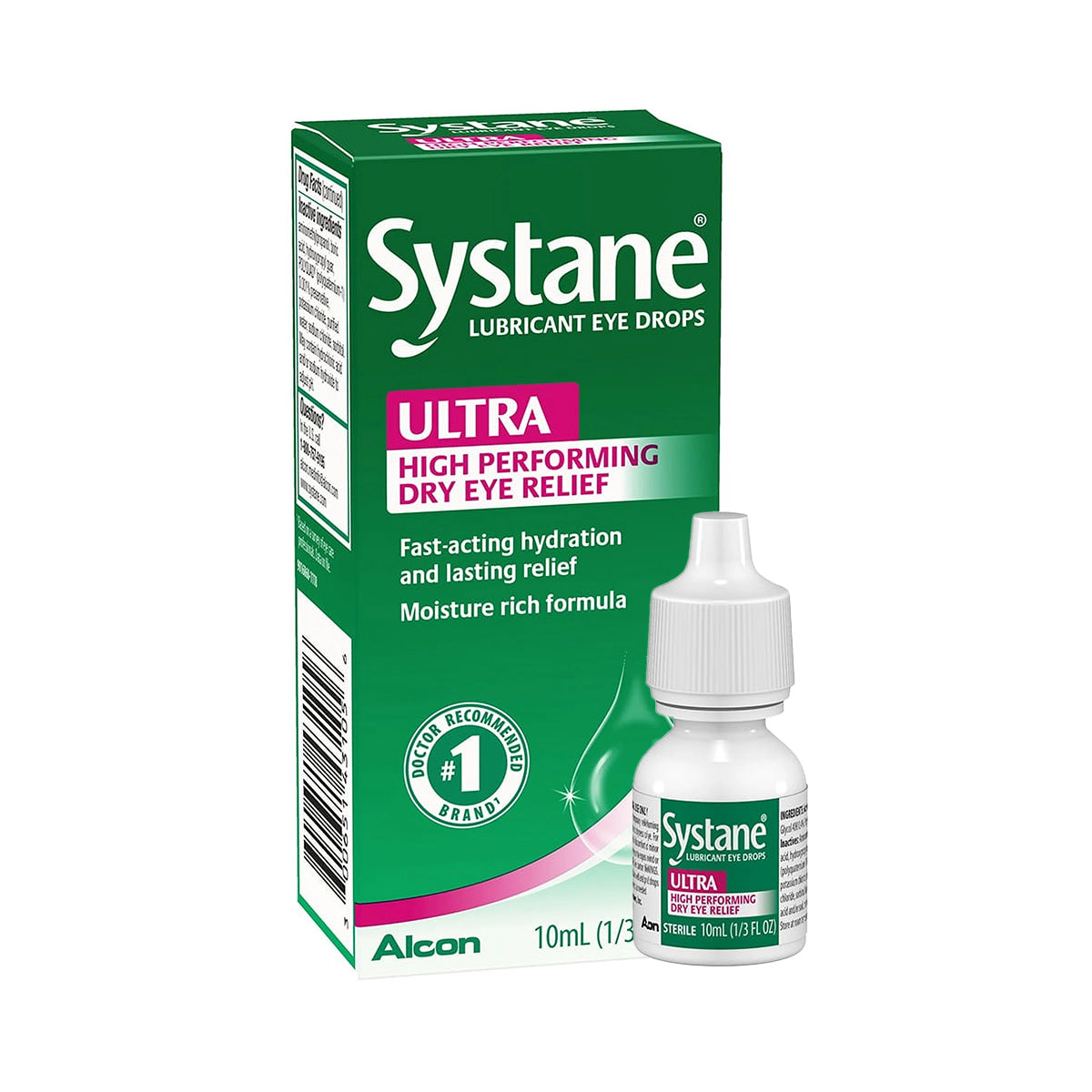 The Systane Ultra High Performance Lubricant Eye Drops by Alcon, in a 10mL bottle, provide fast-acting hydration and relief for dry eyes. The packaging emphasizes high performing and lasting relief, promising exceptional Systane hydration.