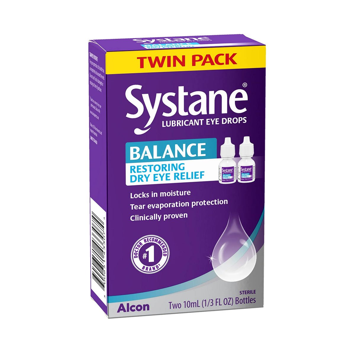 Alcons Systane Balance 2-Pack Lubricant Eye Drops come in purple packaging and are designed for tear evaporation protection, promising relief from dry eyes. The pack features two 10 ml bottles for enhanced moisture locking and ultimate comfort.