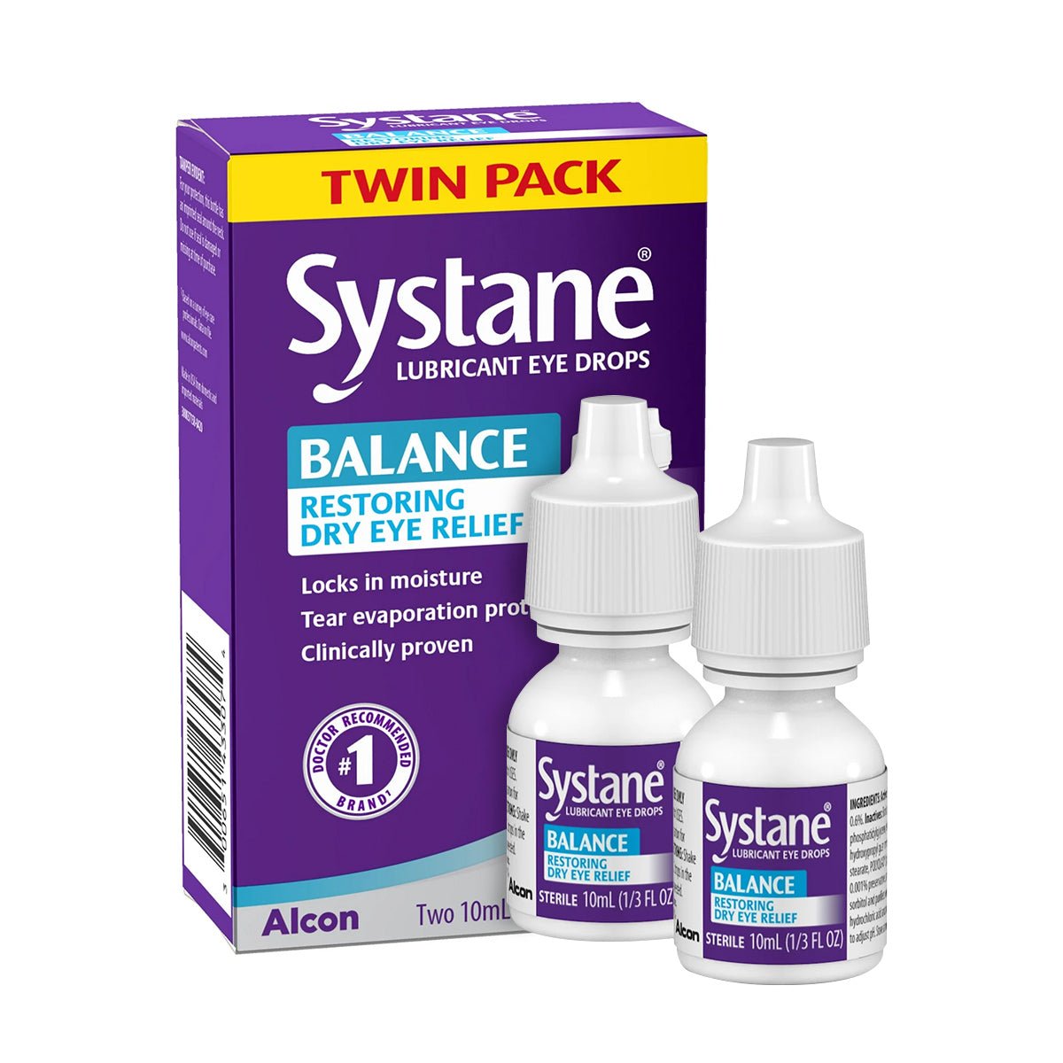 The Systane Balance 2-Pack by Alcon includes two 10 ml lubricant eye drops, highlighting Balance Restoring Dry Eye Relief, locks in moisture, and tear evaporation protection for effective dry eye comfort.