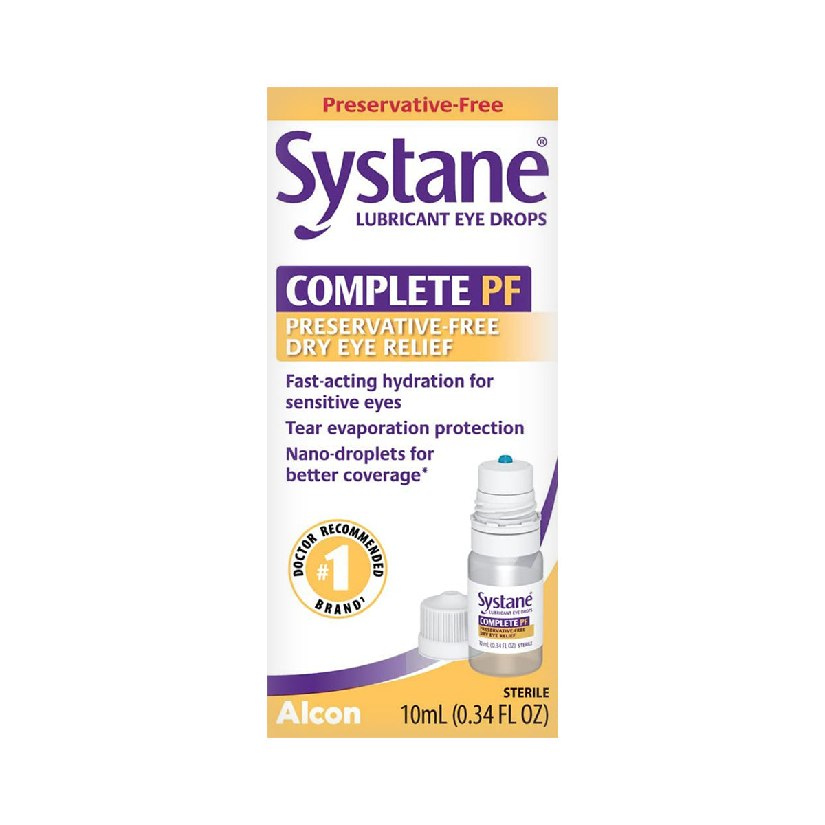 Image of an Alcon Systane COMPLETE Preservative-Free Eye Drops box and bottle, highlighting effective Dry Eye Relief. It mentions the Doctor Recommended Brand and specifies the 10mL (0.34 FL OZ) size.