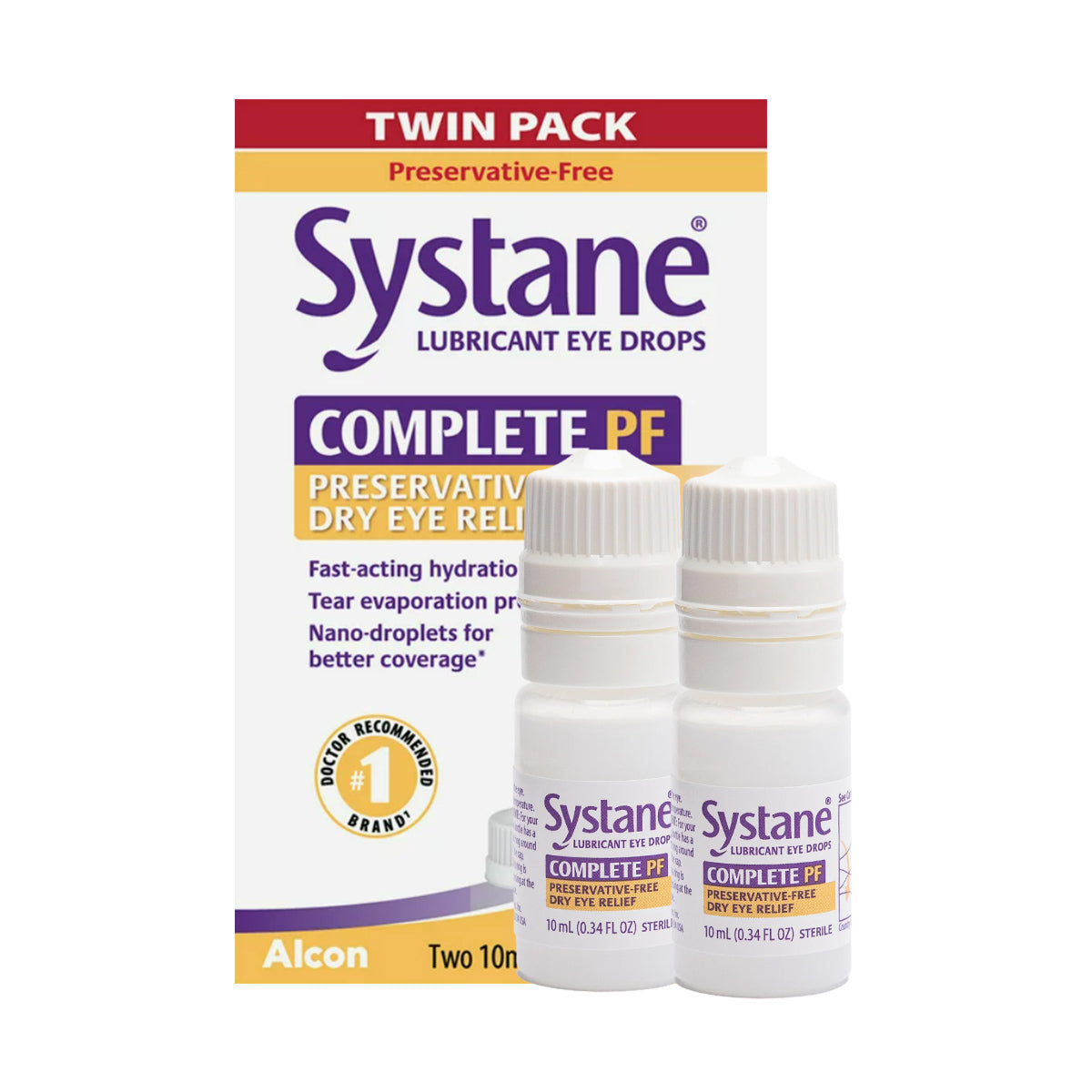 Two Systane COMPLETE Preservative-Free Eye Drops from Alcon are placed before their TWIN PACK box. Both multi-dose bottles are identical and offer complete dry eye relief.