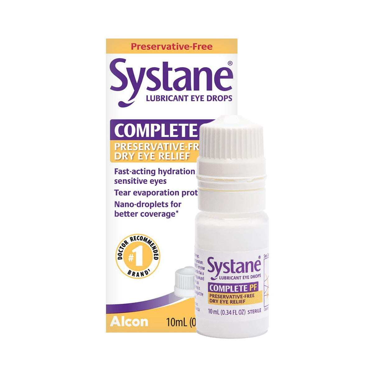 The packaging of Alcons Systane COMPLETE Preservative-Free Eye Drops Multi-Dose Bottle showcases fast-acting hydration and tear evaporation protection for dry eye relief, featuring a capped white 10ml bottle in front of the box.