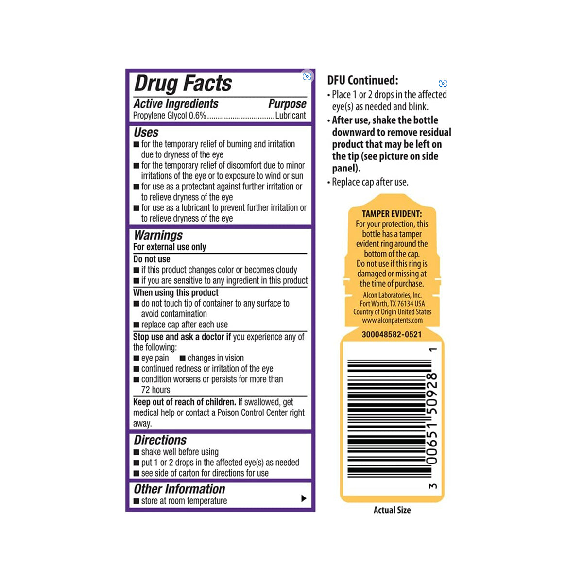 The image shows a label for Alcons Systane COMPLETE Preservative-Free Eye Drops, designed for Dry Eye Relief. It includes active ingredients, uses, warnings, directions, and features a tamper-evident seal along with a barcode and lot number.
