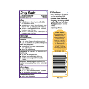 The image shows a label for Alcons Systane COMPLETE Preservative-Free Eye Drops, designed for Dry Eye Relief. It includes active ingredients, uses, warnings, directions, and features a tamper-evident seal along with a barcode and lot number.