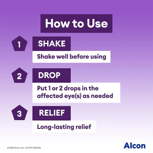 Instruction graphic titled How to Use on a purple gradient background. Step 1: Shake well. Step 2: Apply 1-2 drops in the affected eye(s) for dry eye relief as needed. Step 3: Enjoy long-lasting, preservative-free comfort with Systane COMPLETE Eye Drops by Alcon. Logo at the bottom right.