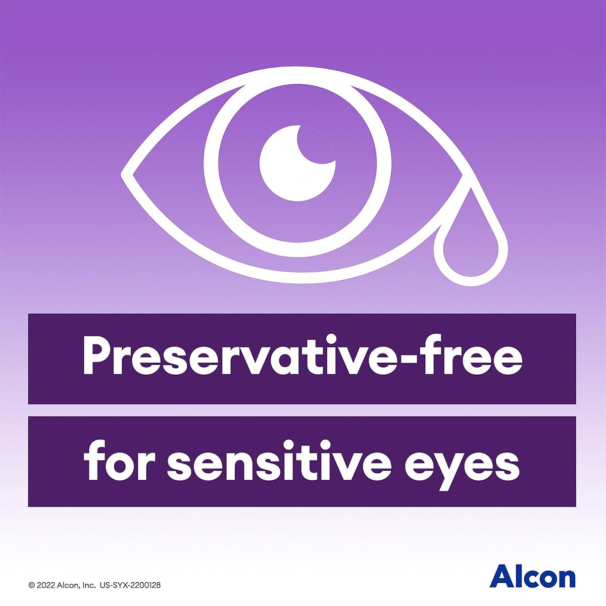 Illustration of an eye with a drop on a purple background. Text reads Preservative-free for sensitive eyes. Discover Dry Eye Relief with Systane COMPLETE by Alcon, available in multi-dose bottles. Alcons logo is in the bottom right corner.