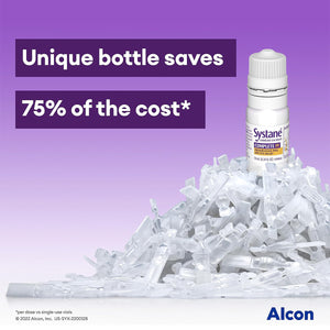 The Systane COMPLETE Preservative-Free Eye Drops Multi-Dose Bottle by Alcon is shown on used vials, emphasizing Dry Eye Relief. A purple background states: Unique bottle saves 75% of the cost*, with the Alcon logo and a footnote referencing 2022 Alcon, Inc.
