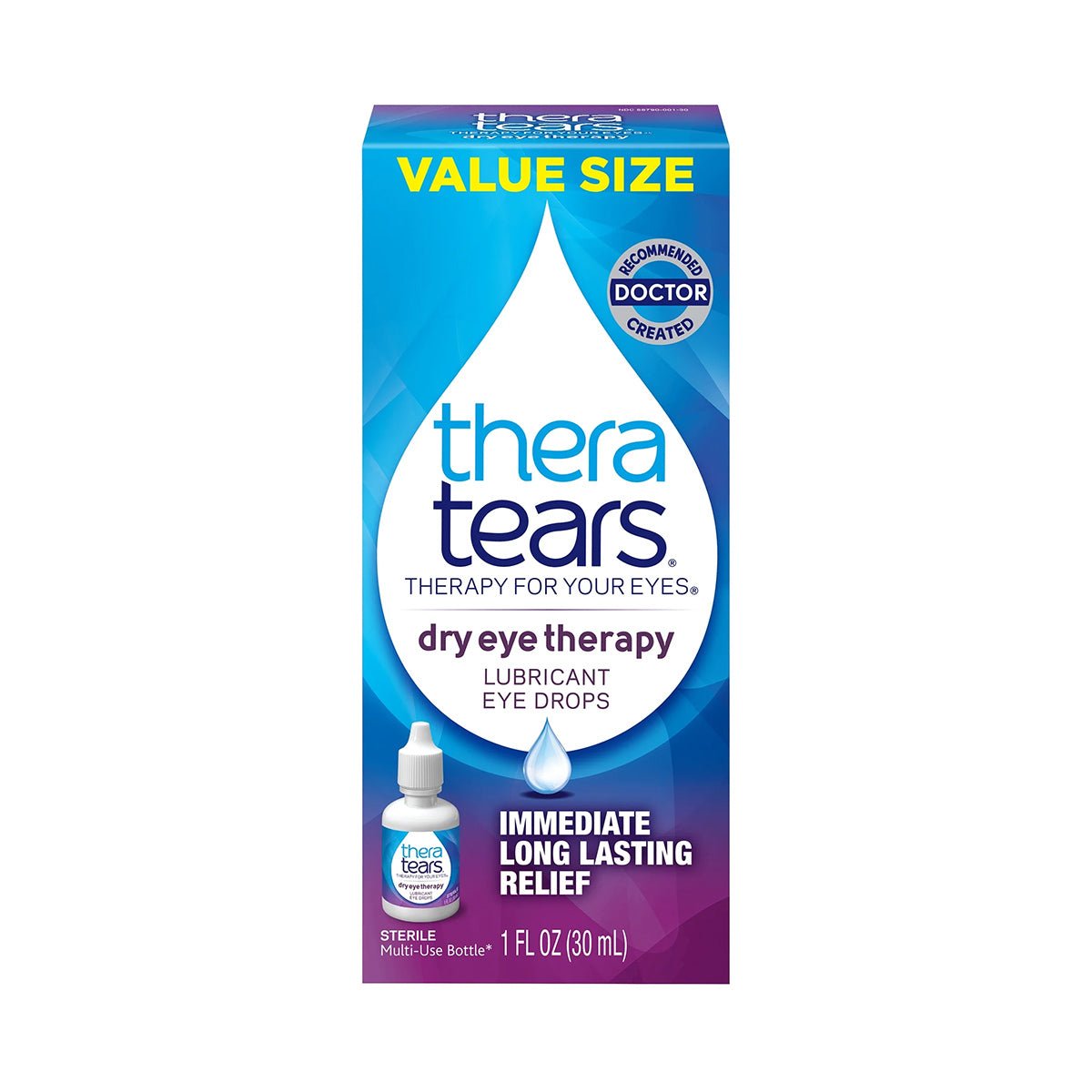 Thera Tears Lubricant Eye Drops, featuring a 30mL bottle, offer Immediate Long Lasting Relief and are Doctor Recommended. Enriched with an Electrolyte Formula for enhanced dry eye relief.