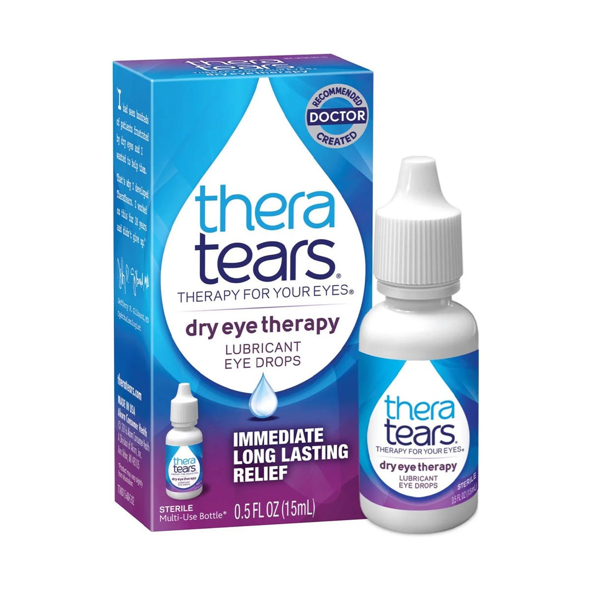 A Thera Tears blue and white box and bottle for dry eye therapy with Immediate Long Lasting Relief and Doctor Created with Electrolyte Formula. The 15 mL (0.5 fl oz) bottle delivers effective relief.