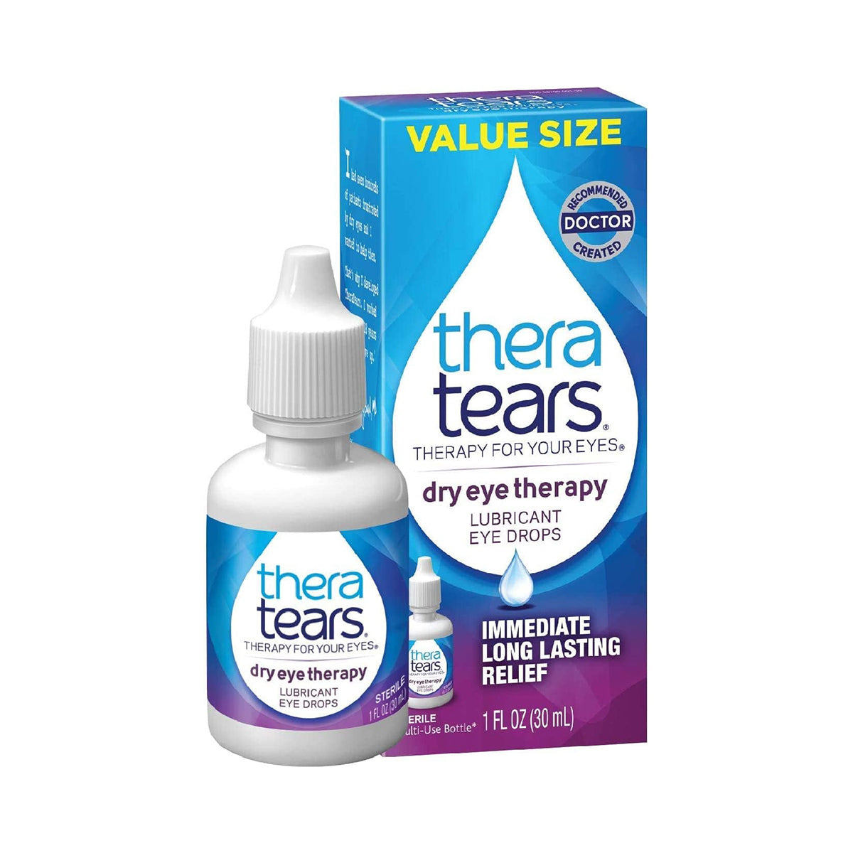 The image shows Thera Tears Lubricant Eye Drops in 15mL and 30mL sizes, with packaging emphasizing doctor-created and an advanced electrolyte formula for long-lasting dry eye relief. The product includes a white bottle with a blue and purple label, packed in a blue value size box.