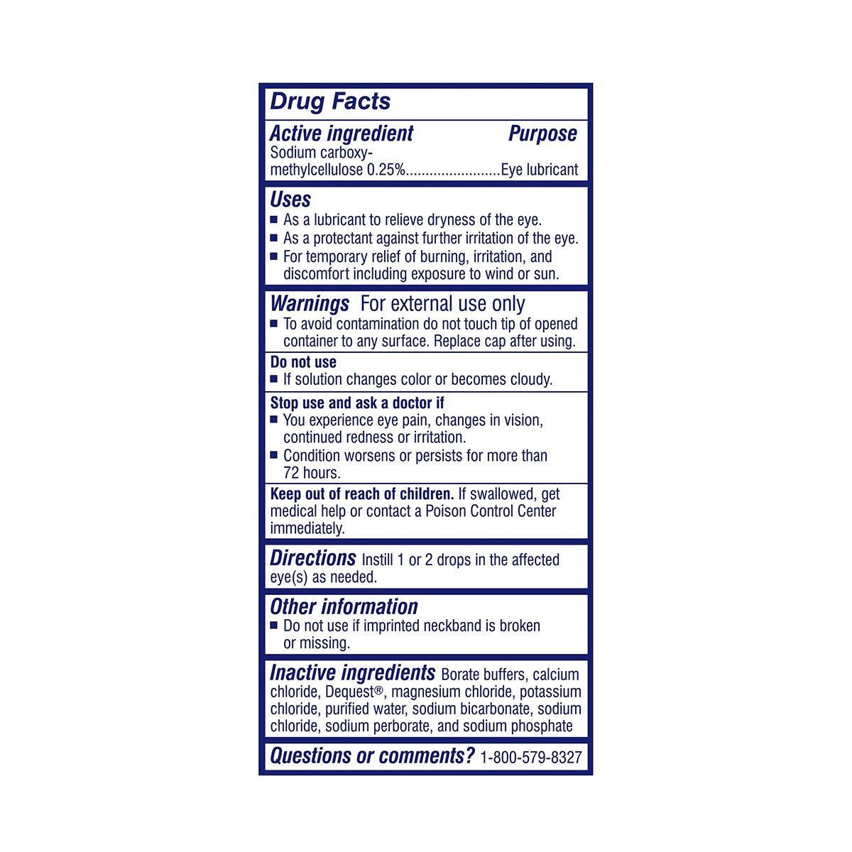 The Drug Facts on Thera Tears Eye Drops (1.0 Fl Oz) highlight sodium carboxymethylcellulose (0.25%) as the active ingredient for dry eye therapy, with essential warnings, usage directions, and a contact number for questions.