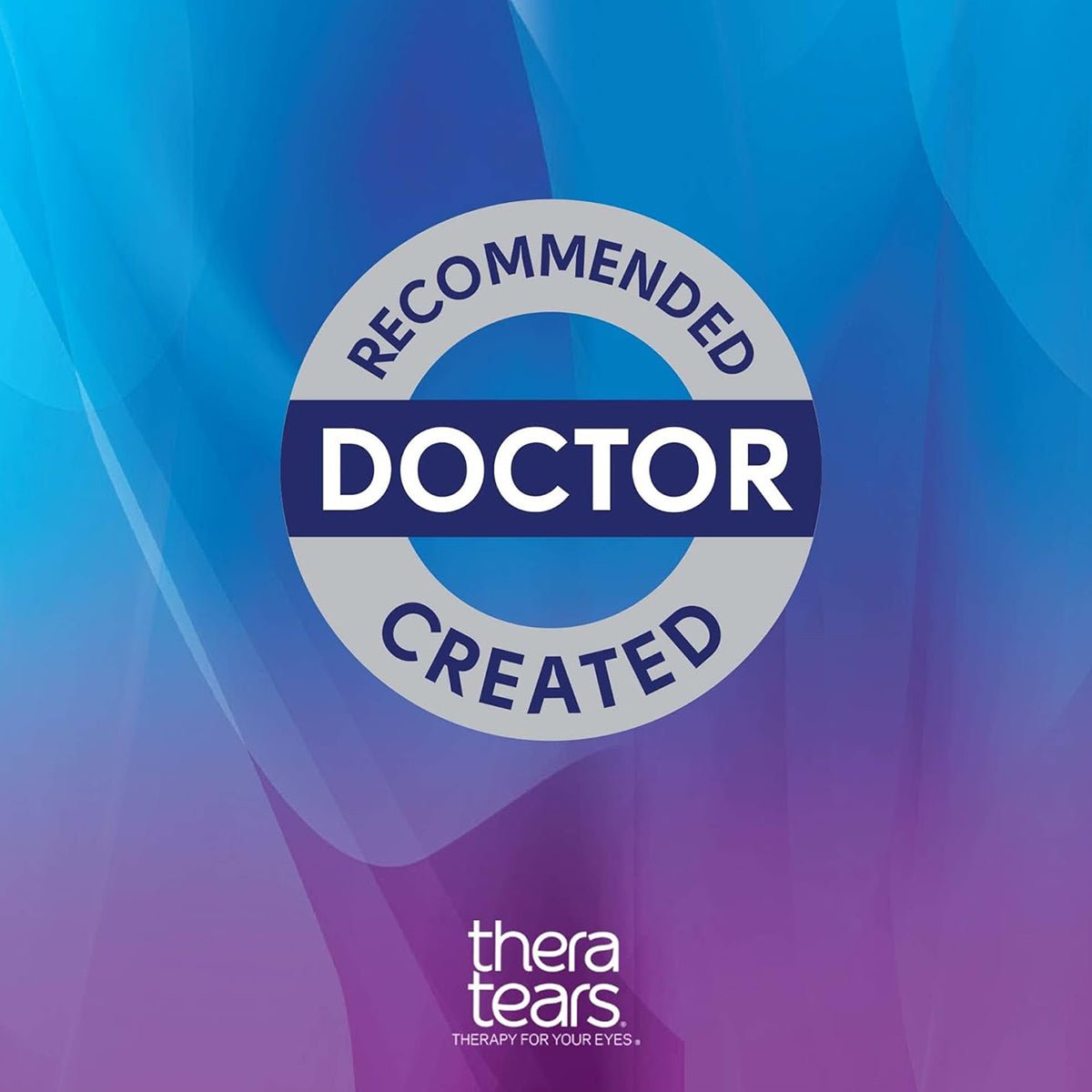 A blue-purple gradient background features a central circular logo with Doctor Recommended Doctor Created, TheraTears, and Dry Eye Therapy: THERAPY FOR YOUR EYES at the bottom, emphasizing Thera Tears Eye Drops, 1.0 Fl Oz as a lubricant eye drop solution.