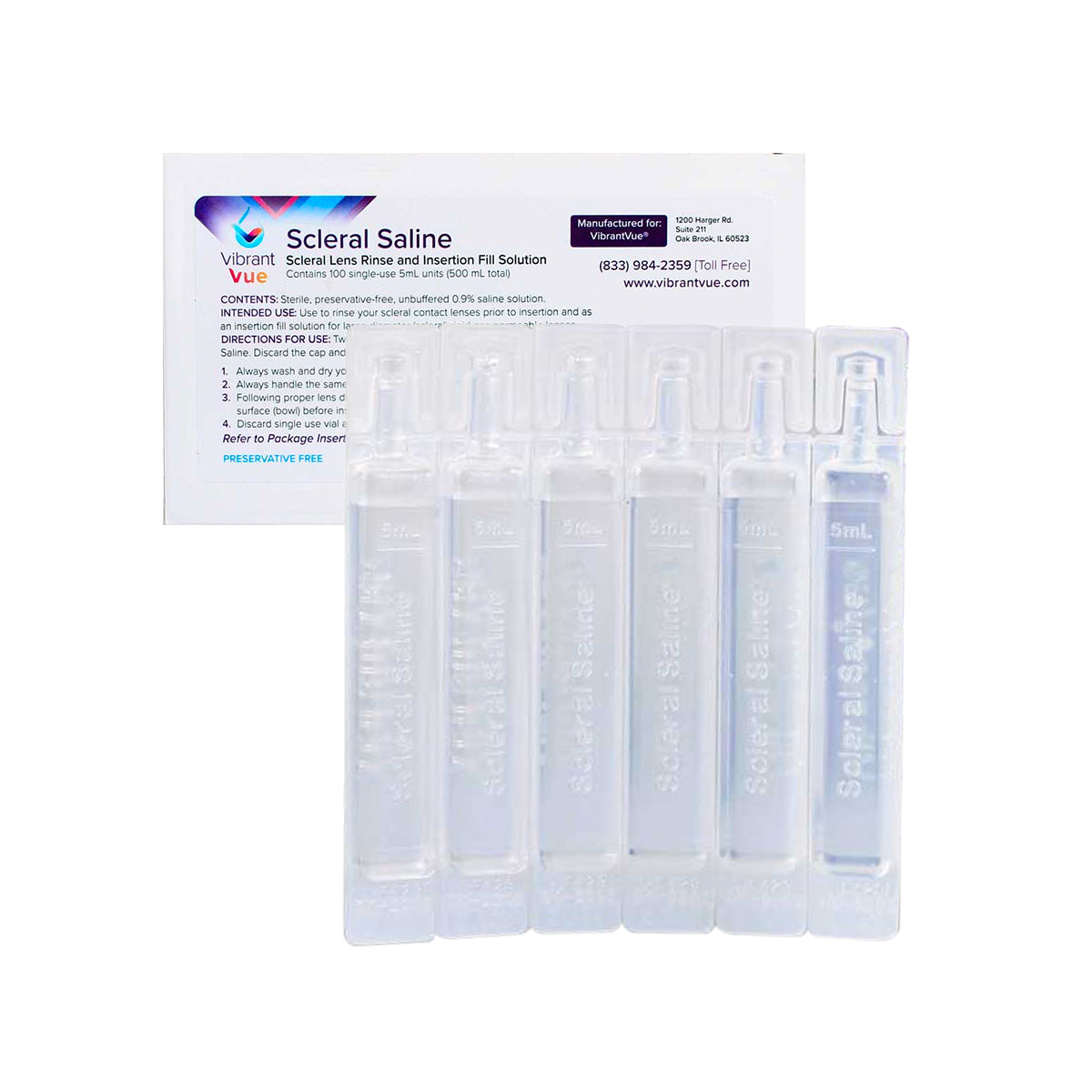 A box marked Vibrant Vue Saline Lens Rinse and Insertion Fill Solution from Visionary Optics contains multiple 5ml preservative-free vials. The box displays the logo, with FDA approval, contact number, and website clearly visible.