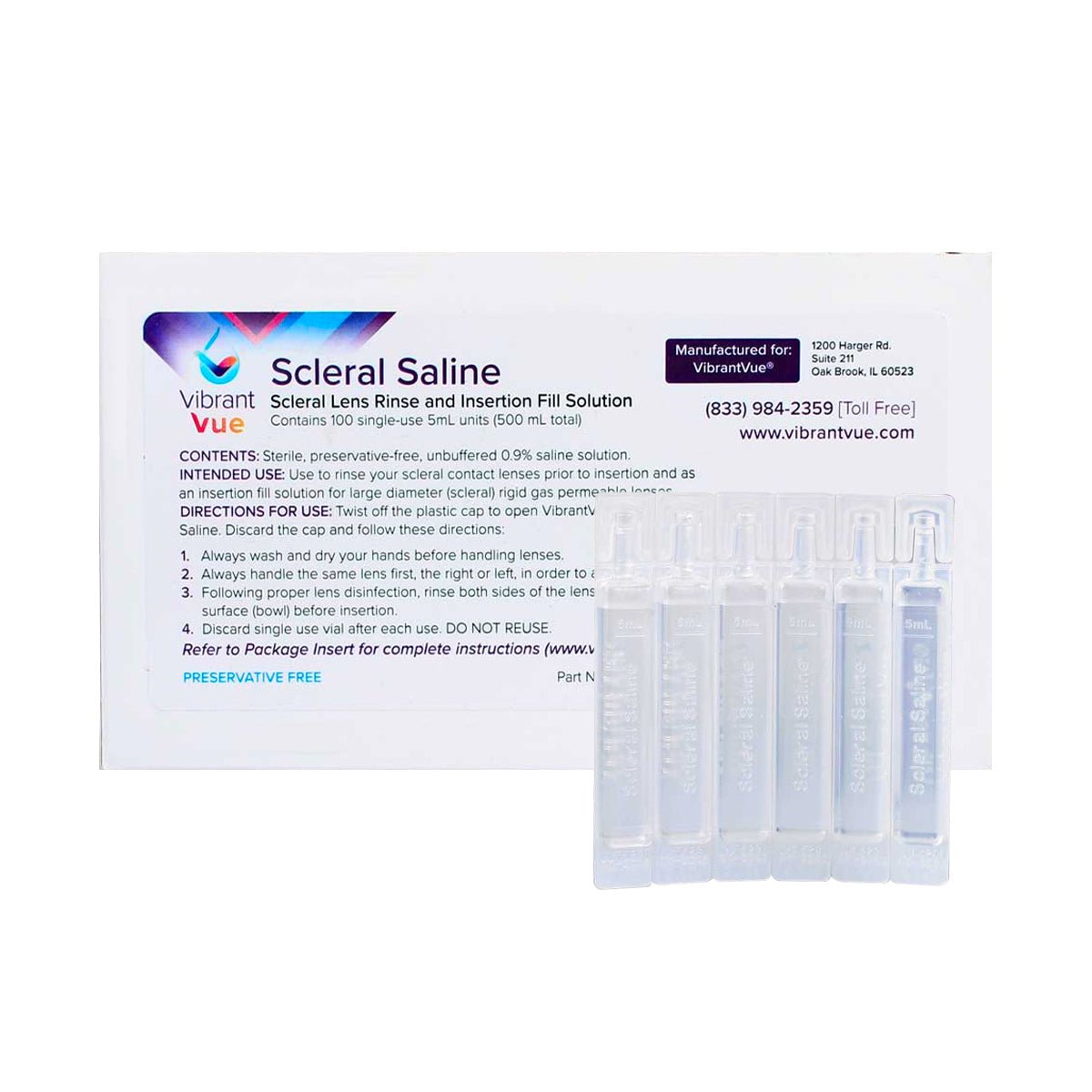 Vibrant Vue Saline Lens Rinse and Insertion Fill Solution, 100% Preservative Free, 100 Vial box - Dryeye Rescue