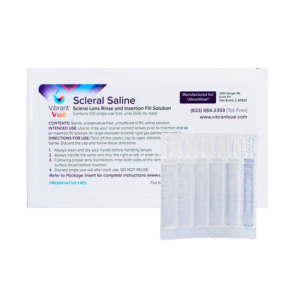 A box of Visionary Optics Vibrant Vue Saline Lens Rinse and Insertion Fill Solution is FDA-approved, 100% preservative-free, and contains 100 single-use vials with instructions and manufacturer contact information.