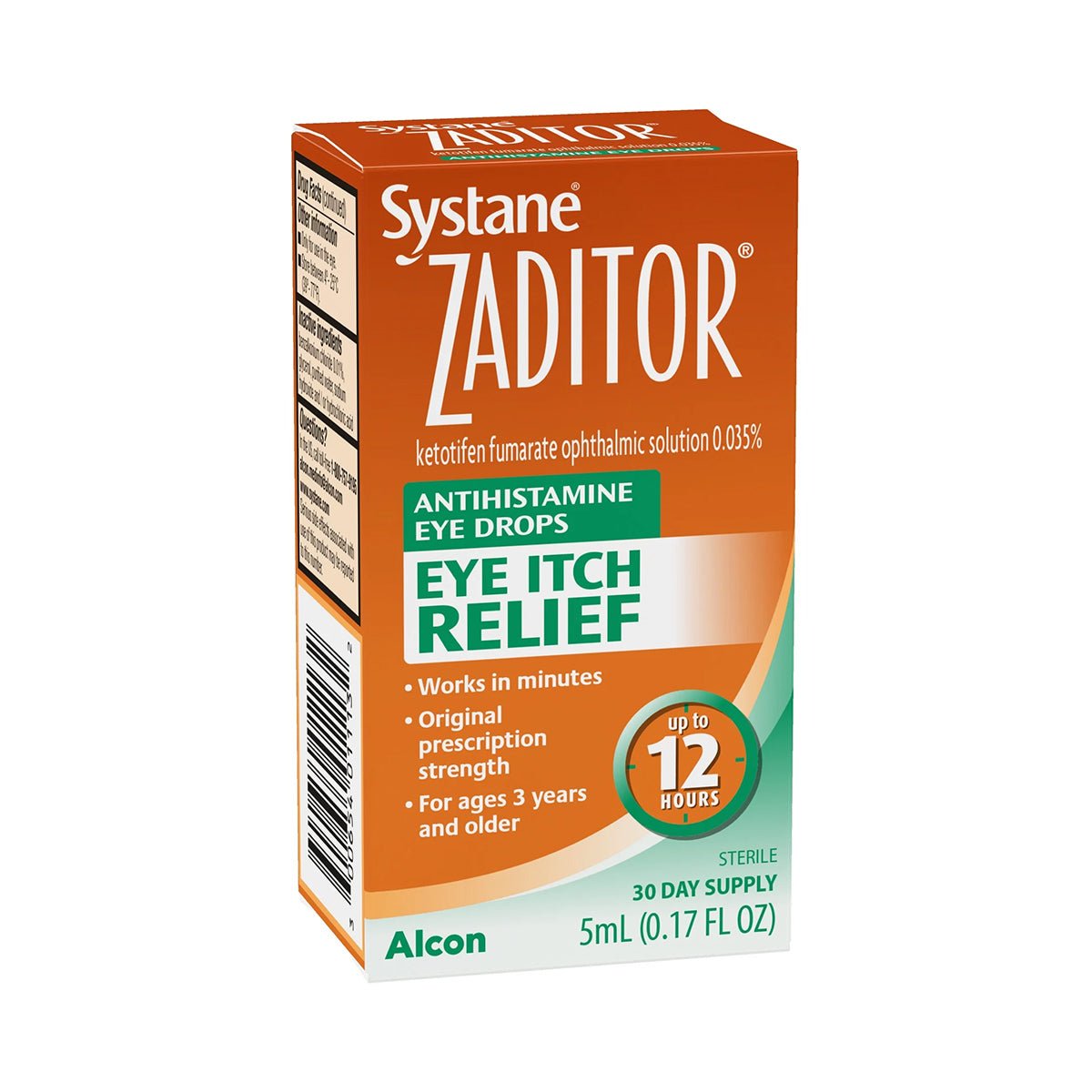 A 5ml box of Alcons Zaditor Eye Care Allergy Relief Drops features orange and white packaging with Eye Itch Relief for up to 12 hours, offering original prescription strength. It works in minutes and is suitable for ages 3 and older.