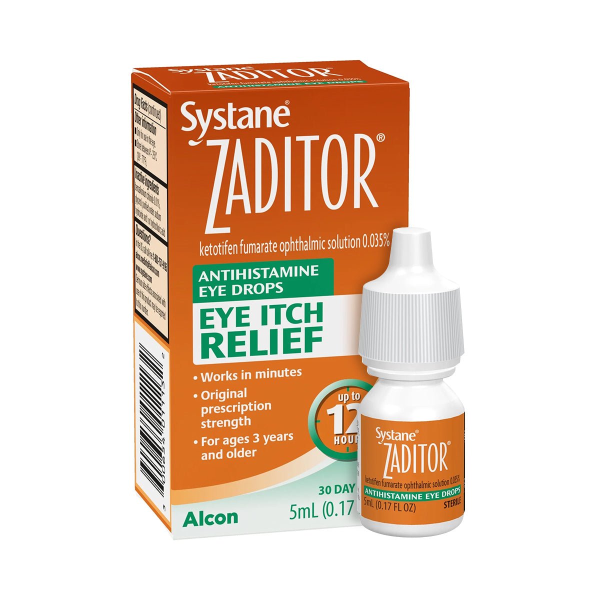 A 5ml bottle of Alcons Zaditor Eye Care Allergy Relief Drops sits ready to ease discomfort. The packaging highlights ketotifen fumarate for prescription-strength relief in minutes, suitable for ages 3 and up.