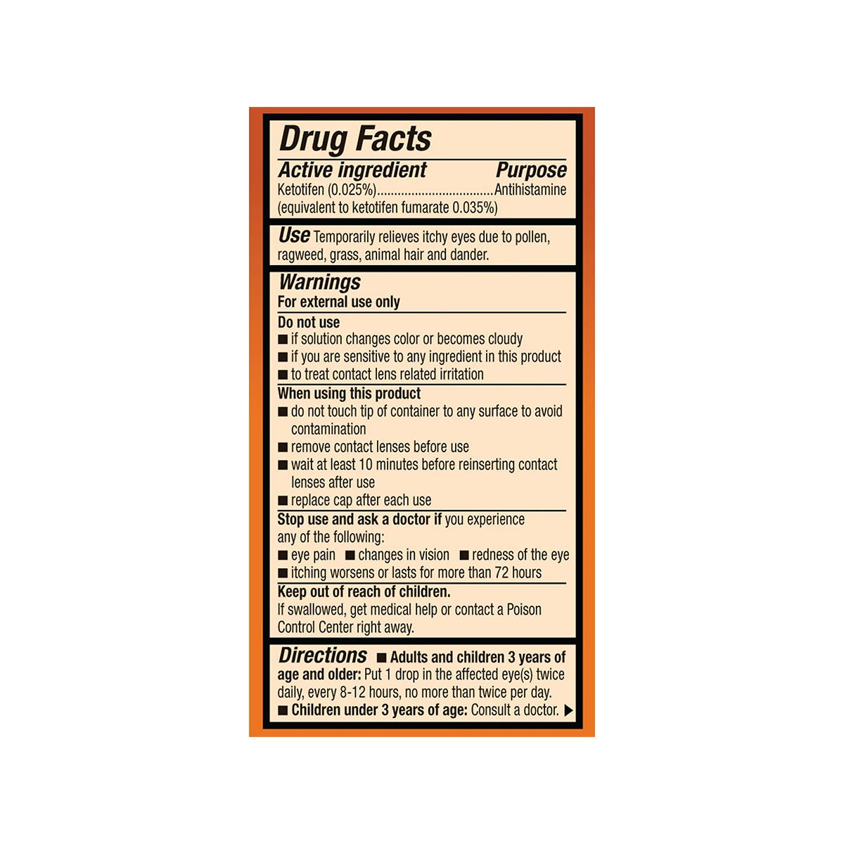 The Drug Facts box details usage, warnings, and active ingredients for Alcons Zaditor Eye Care Allergy Relief Eye Drops (5 ml) with ketotifen, offering temporary relief from itchy eyes with prescription-strength antihistamine drops.