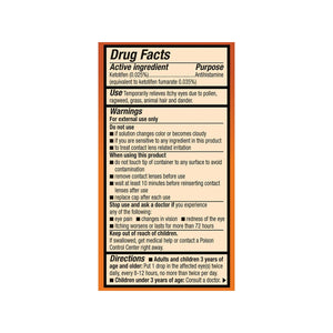 The Drug Facts box details usage, warnings, and active ingredients for Alcons Zaditor Eye Care Allergy Relief Eye Drops (5 ml) with ketotifen, offering temporary relief from itchy eyes with prescription-strength antihistamine drops.