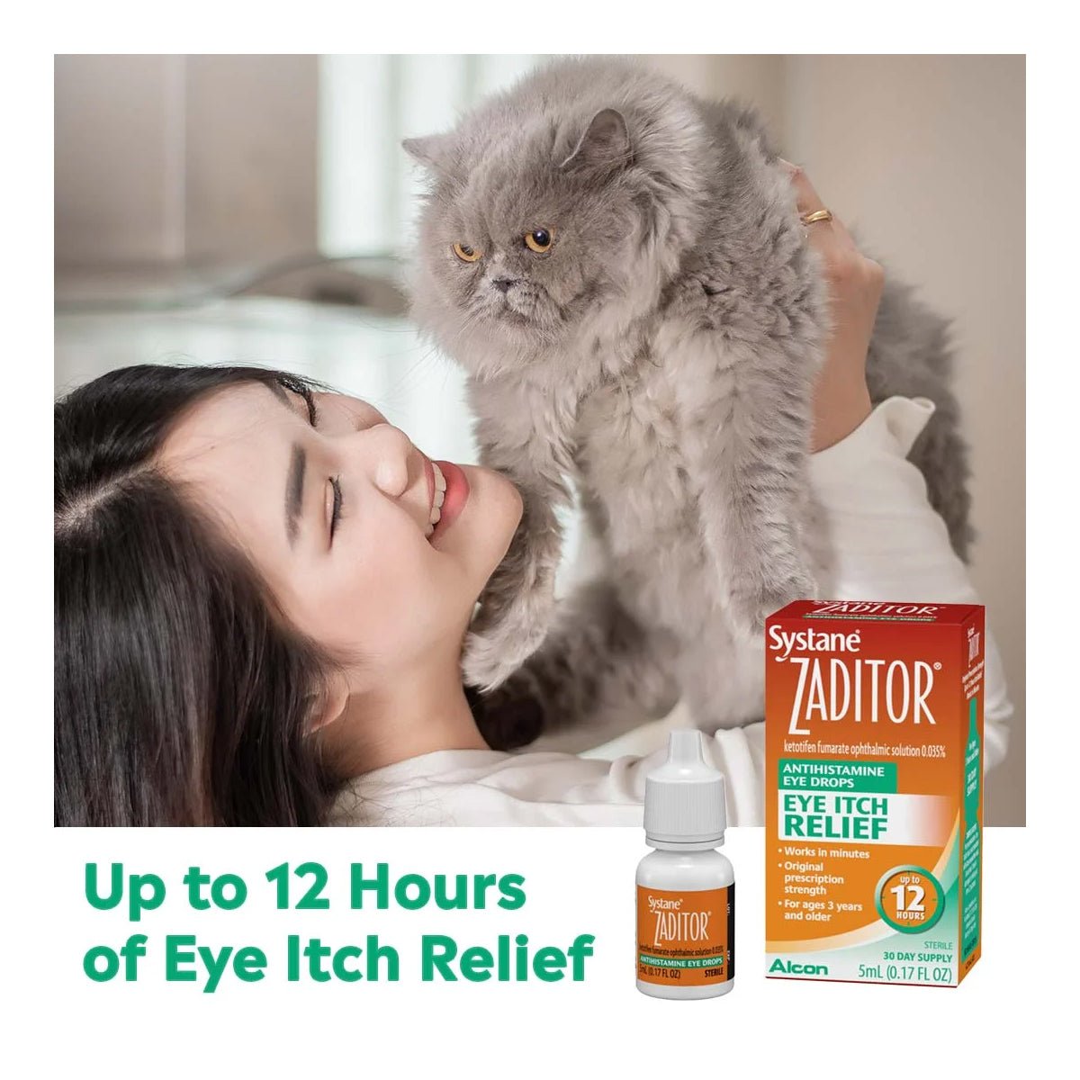 A smiling woman holds a fluffy gray cat next to Zaditor Eye Care Allergy Relief, Alcons 5 ml bottle, promising up to 12 hours of eye itch relief.