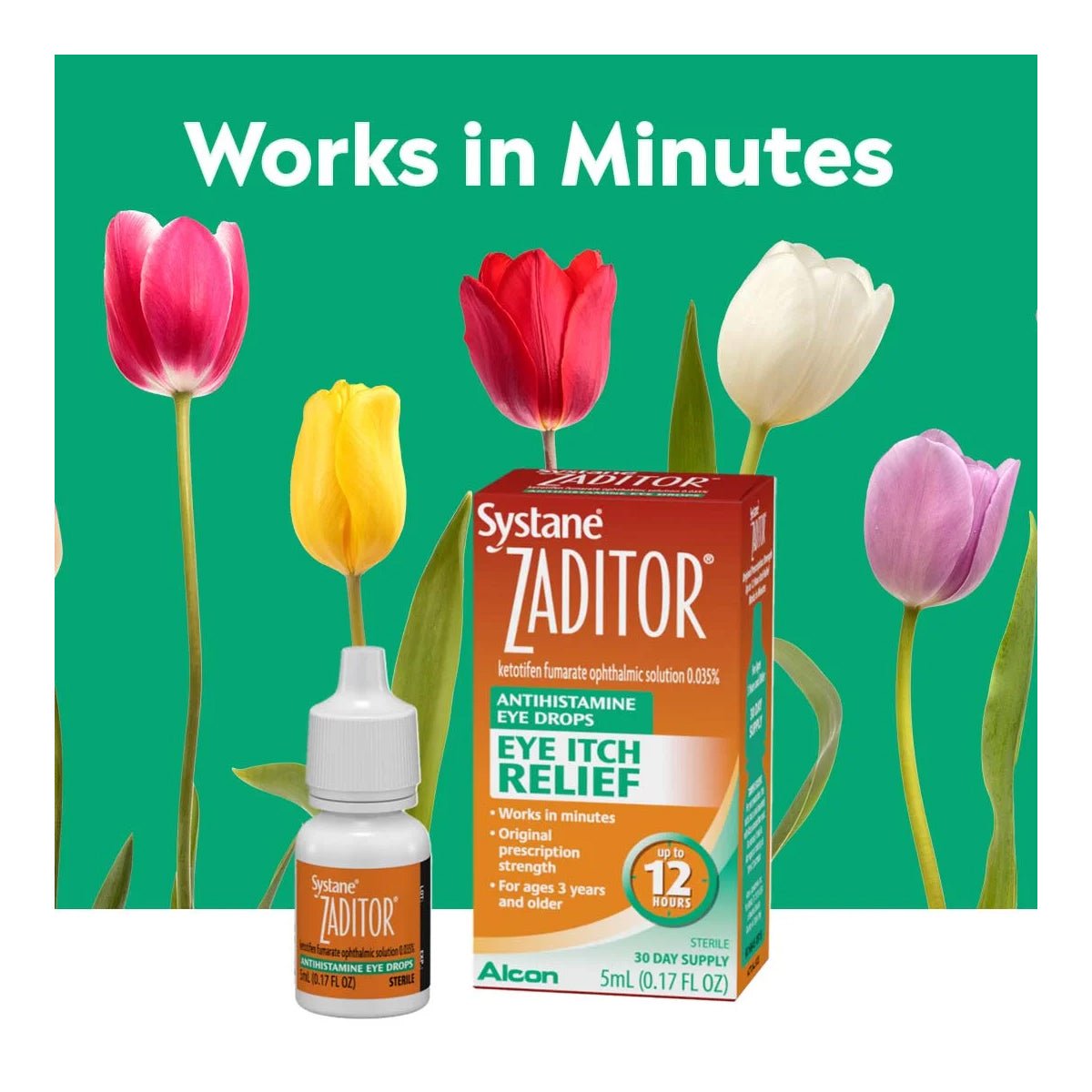 A 5 ml bottle of Alcons Zaditor Eye Care Allergy Relief Eye Drops sits gracefully beside its packaging on a lush grassy backdrop, surrounded by vibrant tulips with the text Works in Minutes. Experience prescription-strength eye itch relief.