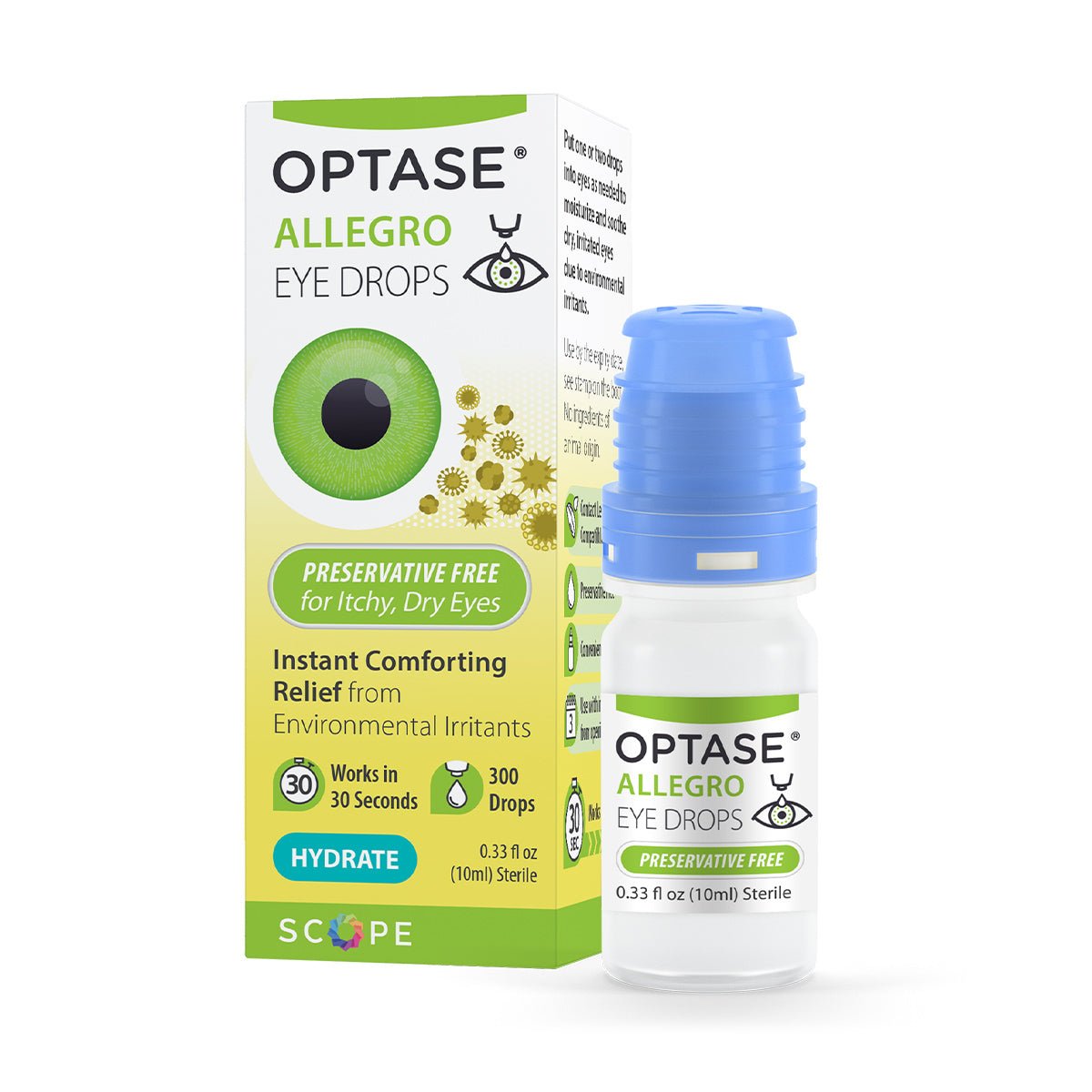 The Optase Allegro Eye Drops for allergy-related dry eye symptoms come in a 10mL dropper bottle and a box marked Preservative Free for Itchy, Dry Eyes. Delivering fast relief in 30 seconds, this product offers 300 drops that soothe irritation caused by environmental factors.