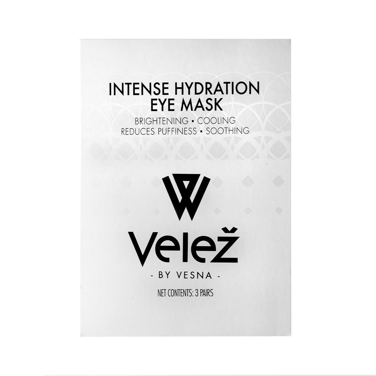 The Velez Intense Hydration Under Eye Cellulose Cooling Mask has a geometric pattern on white packaging with black text. It contains three pairs and claims to brighten, cool, reduce puffiness, and soothe under eyes using advanced biotech cellulose technology.