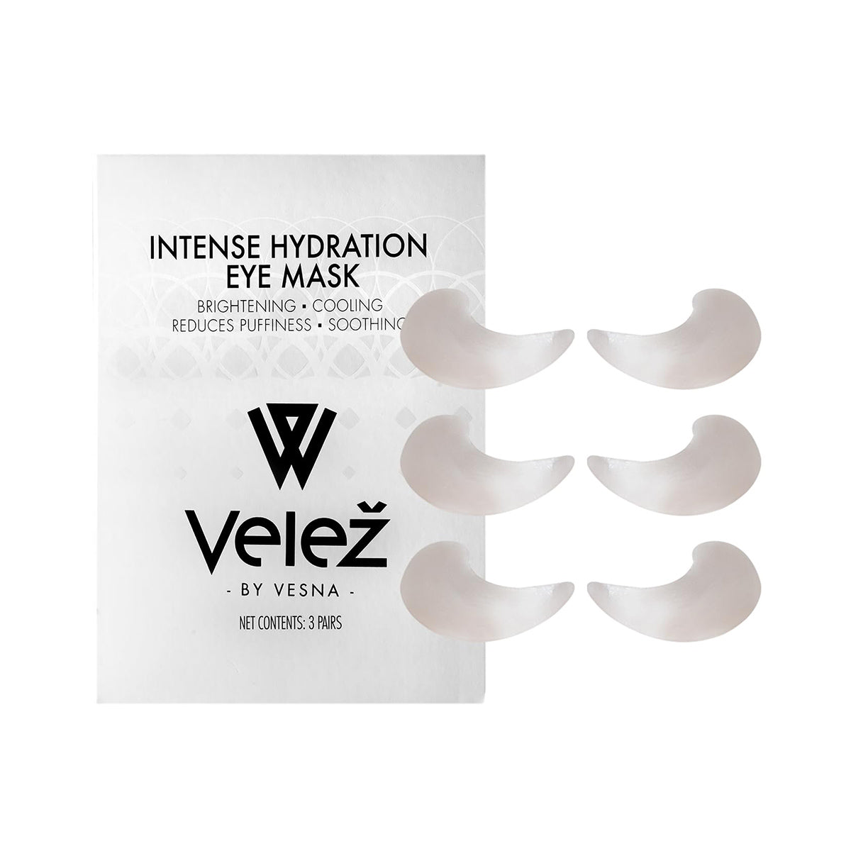 The Velez Intense Hydration Under Eye Cellulose Cooling Mask (3 Pairs) features six crescent-shaped gel masks using biotech cellulose technology, promoting brightening, cooling, puffiness reduction, and soothing for an effective under-eye treatment.