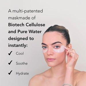 A person applies the Velez Intense Hydration Under Eye Cellulose Cooling Mask, made with biotech cellulose and pure water, for cooling, soothing, and hydration. With hair pulled back and a neutral expression, they showcase its revitalizing effects.