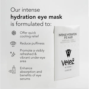 The packaging for Velez Intense Hydration Under Eye Cellulose Cooling Mask (3 Pairs) highlights features like quick cooling relief, puffiness reduction, under-eye refreshment, and enhanced serum absorption via biotech cellulose technology. A light background with shadow showcases its sleek design.