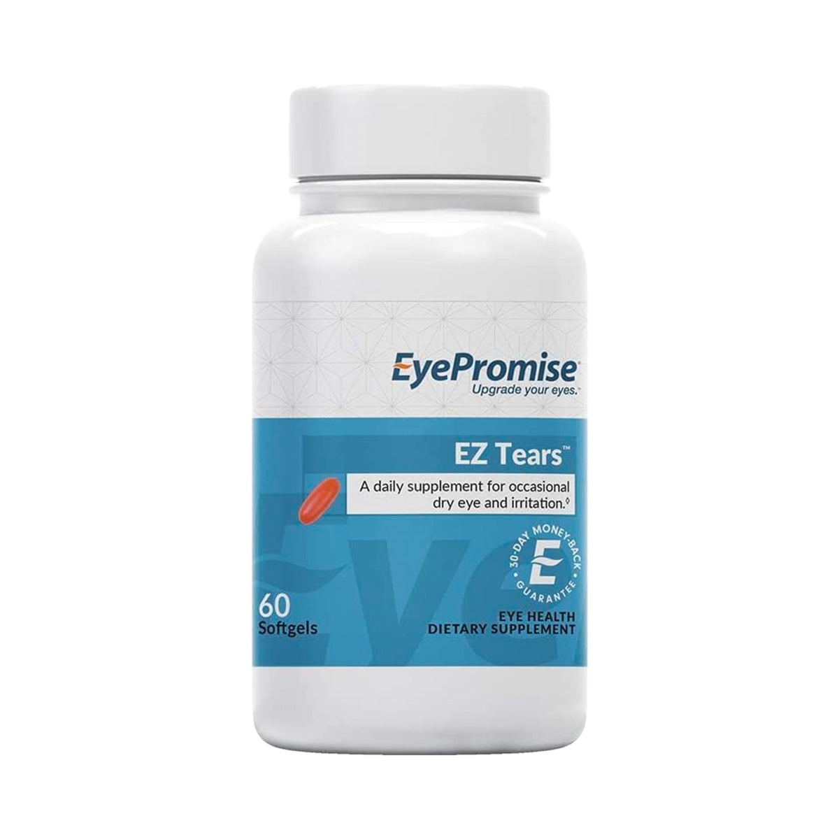 EyePromise® EZ Tears offers natural dry eye relief with Omega-3s, turmeric, and green tea extract. This dietary supplement, in a white bottle with the EyePromise logo on top, contains 60 softgels and provides a money-back guarantee for enhanced tear production.