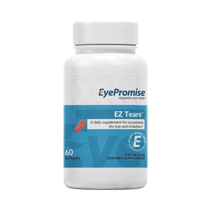EyePromise® EZ Tears offers natural dry eye relief with Omega-3s, turmeric, and green tea extract. This dietary supplement, in a white bottle with the EyePromise logo on top, contains 60 softgels and provides a money-back guarantee for enhanced tear production.