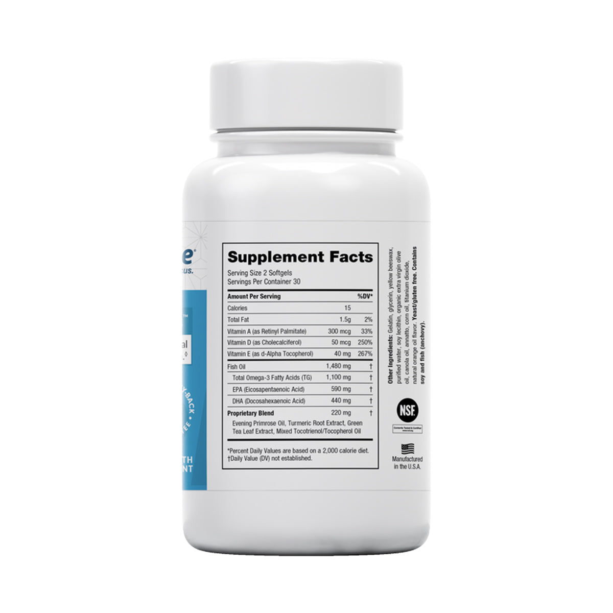 EyePromise® EZ Tears, a white bottle dietary supplement, lists vitamins and nutrients like Omega-3s and features an NSF certification mark for quality assurance, supporting nutritional balance with ingredients such as turmeric and green tea extract.