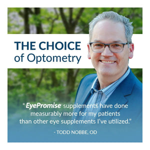 A smiling man in glasses and a suit is pictured with the text: THE CHOICE of Optometry, featuring a quote by Todd Nobbe, OD, about EyePromise® EZ Tears enhancing tear production for dry eye relief. The background is blurred green.