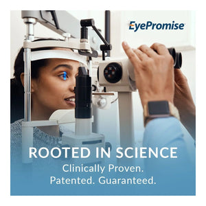 A person takes an eye exam with a slit lamp at an optometrists office. A logo for EyePromise is displayed, with text reading, Rooted in Science. Clinically Proven for dry eye relief. Features EyePromise® EZ Tears – Natural Dry Eye Relief with Omega-3s, Turmeric, and Green Tea Extract.
