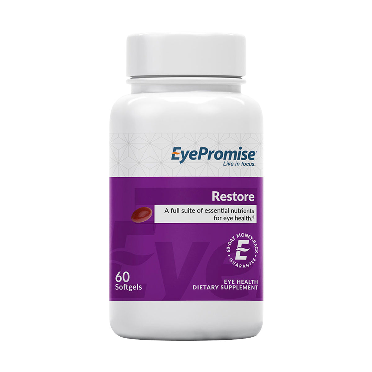 A white bottle of EyePromise® Restore eye health supplement with a purple label, showing 60 Softgels and detailing key features like a full suite of essential nutrients, including zeaxanthin and lutein for eye health, plus a Visionary Money Back Guarantee.