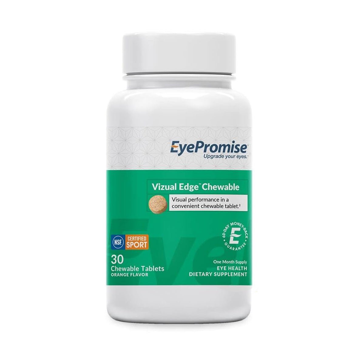 EyePromise Vizual Edge Chewable Eye Vitamin, in a white bottle, contains 30 orange-flavored chewable tablets. It is NSF Certified for Sport and designed to boost visual performance and enhance contrast sensitivity.