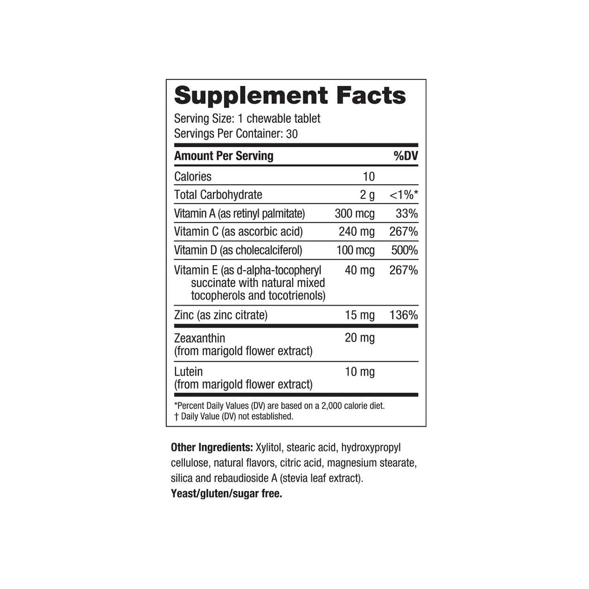 The EyePromise Vizual Edge Chewable Eye Vitamins supplement facts focus on enhancing visual performance, listing calories, carbs, and vitamin A, C, D, E percentages along with zinc, selenium, lutein. Ingredients include xylitol and natural flavors.