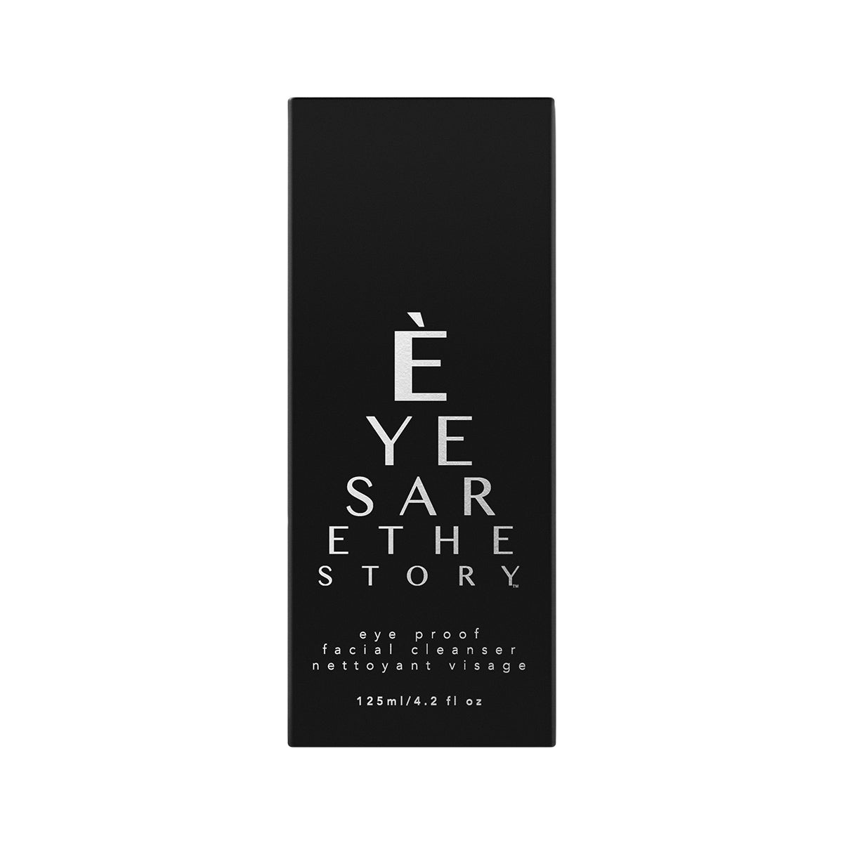 A black rectangular box with silver text displays Eyes are the Story, featuring an antioxidant cleansing gel. Below, it states Eye Proof Facial Cleanser (125ml Bottle).